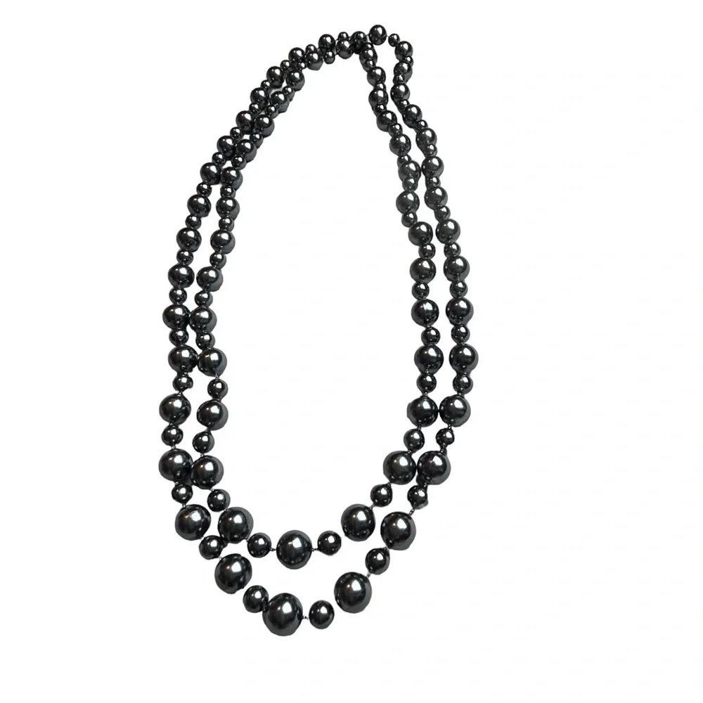 Gunmetal Grayish Black Faux Pearl Long Necklace - Picture 6 of 11